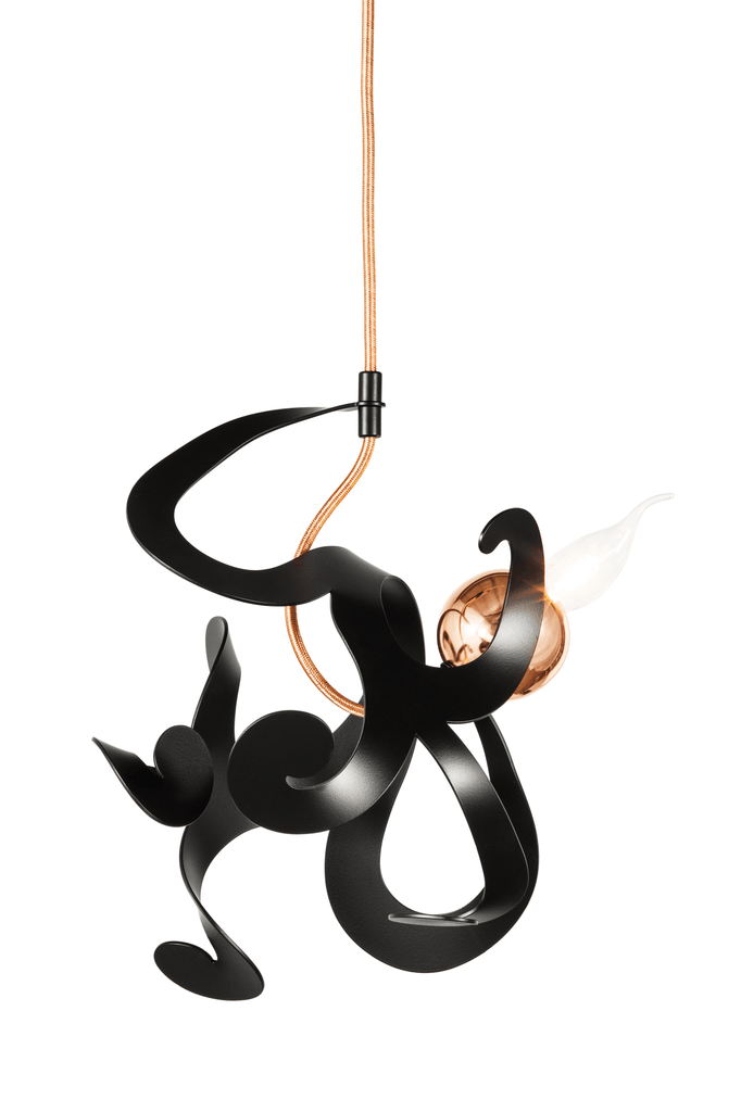Kelp Element Hanging Lamp with modern black pendant and flowing sculptural metalwork