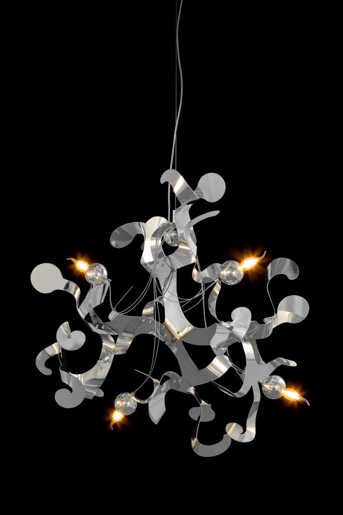 Kelp Element Hanging Lamp with modern silver-toned chandelier and six lit bulbs