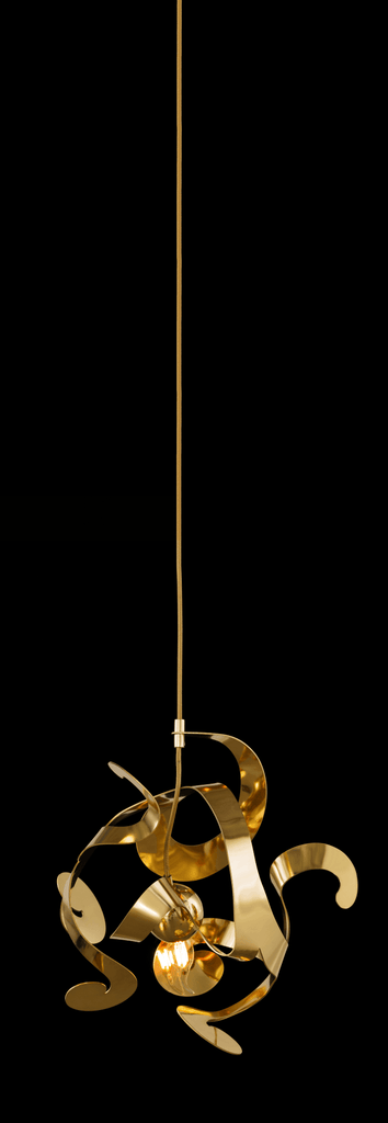 Kelp Element Hanging Lamp with gold-toned sculptural pendant and exposed bulb