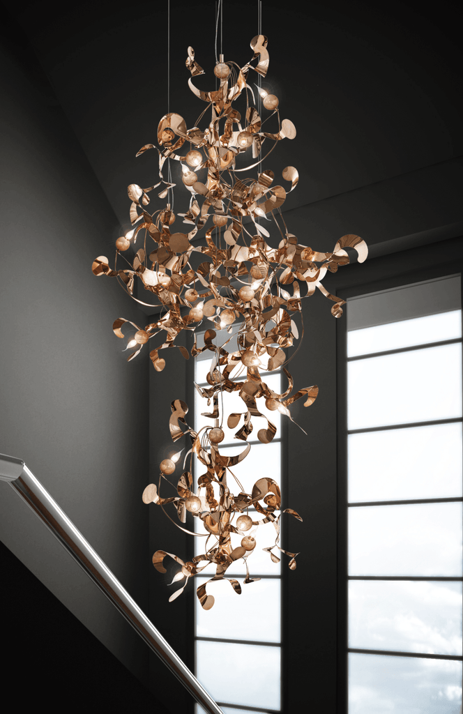 Kelp Element Hanging Lamp with ornate multi-tiered chandelier and copper leaf accents