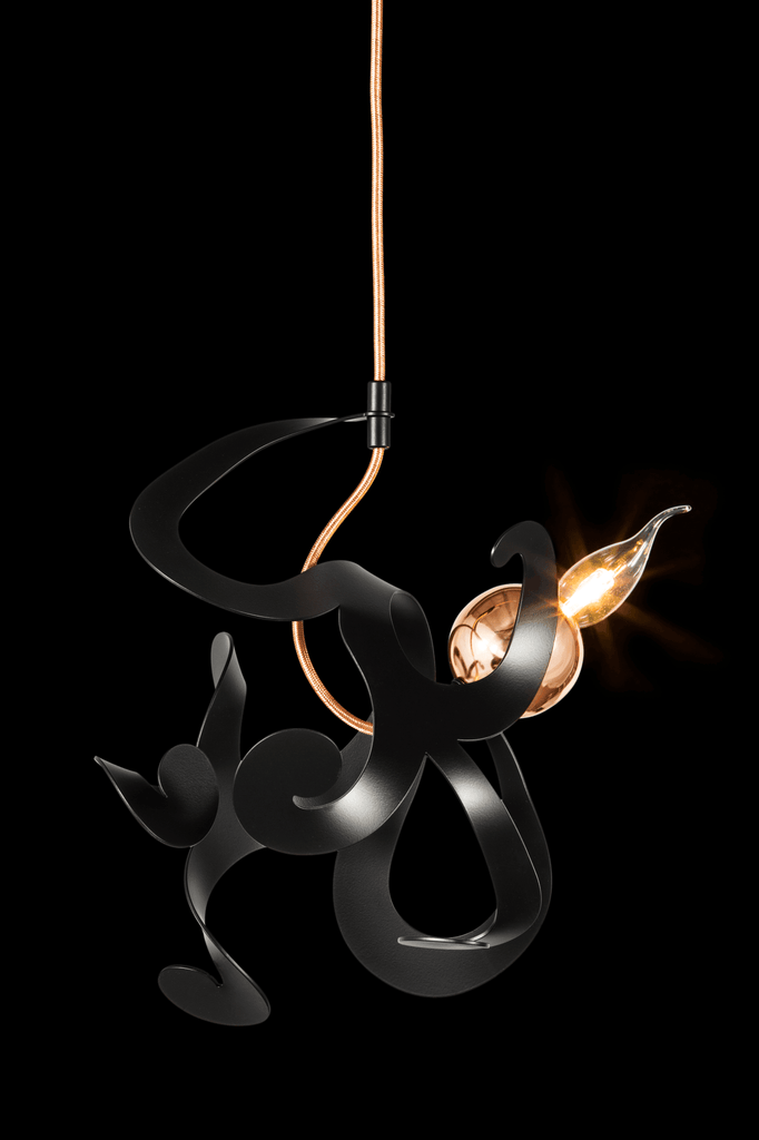 Kelp Element Hanging Lamp with black metal pendant and warm glowing bulb