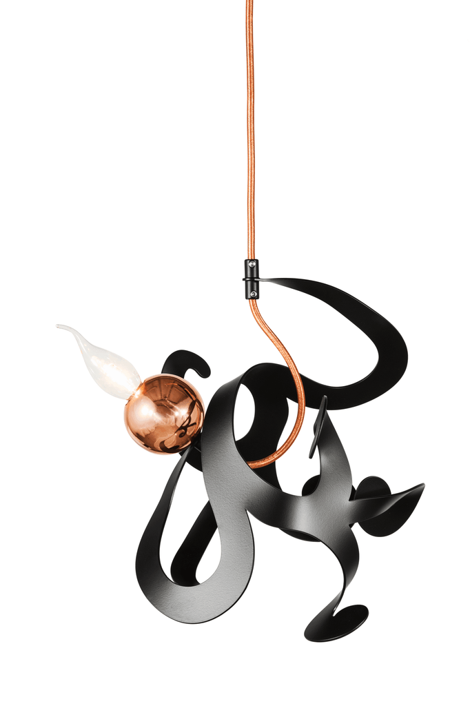 Kelp Element Hanging Lamp with black metal frame copper sphere and clear glass bulb