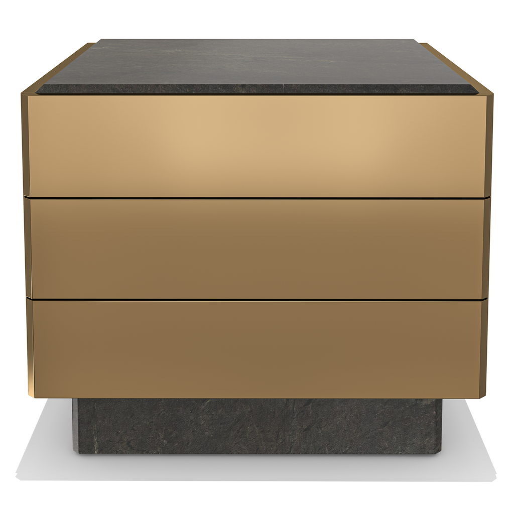 Modern Charites Metal Resin Nightstands with brass-toned drawers and dark stone base
