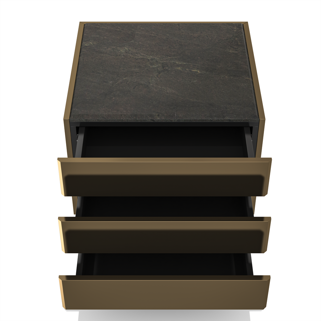 Dark brown Charites Metal Resin Nightstand with open drawers and stone top