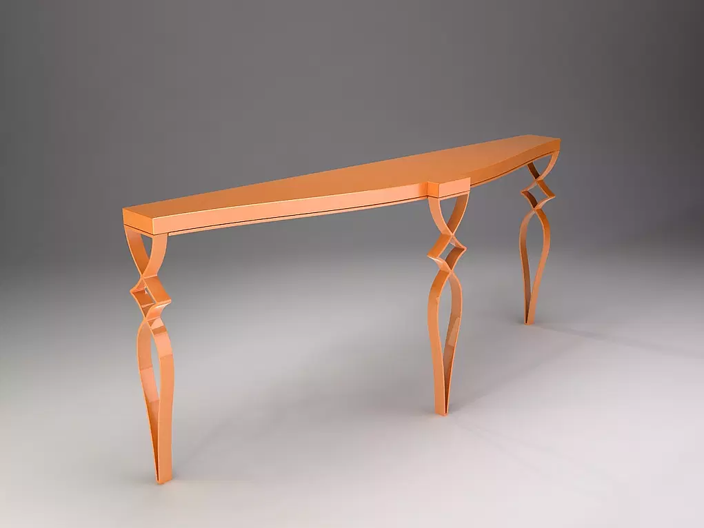 La Tour Console with sleek orange-red finish and sculptural curved legs