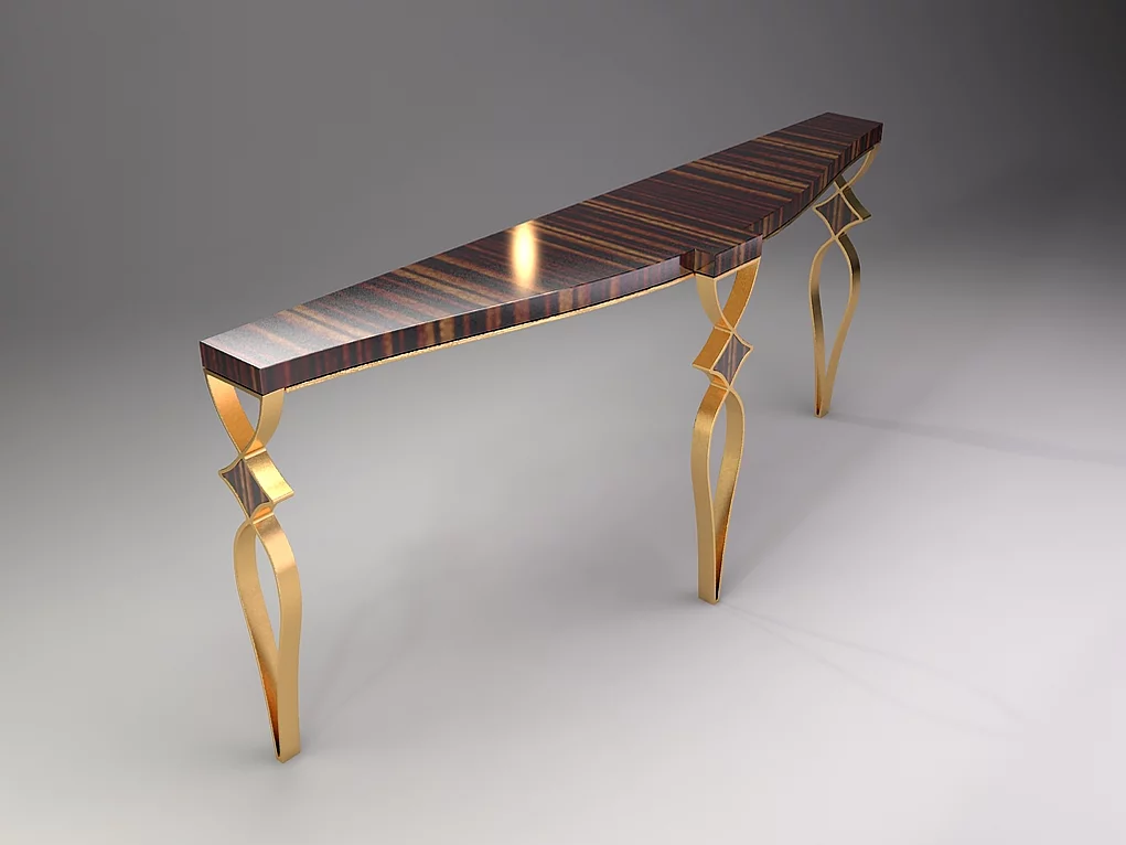 La Tour Console with dark wood top featuring light stripes and ornate gold metal legs