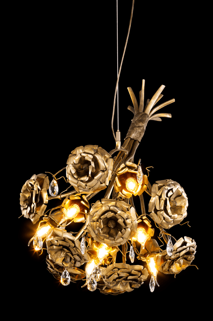 Gold-colored La Vie En Rosa hanging lamp bouquet with crystal accents and floral design