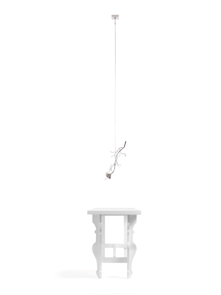 La Vie En Rosa Single Light Rose with carved white wooden side table and branch pendant light