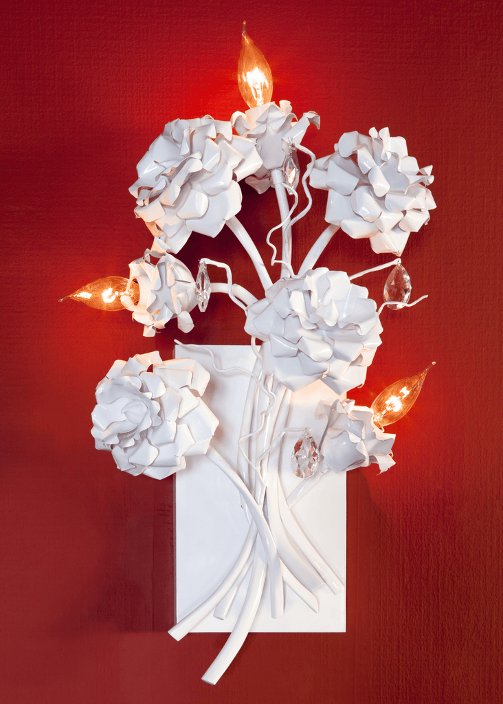 White floral wall sconce with four flame-tip bulbs from La Vie En Rosa Wall Lamp collection