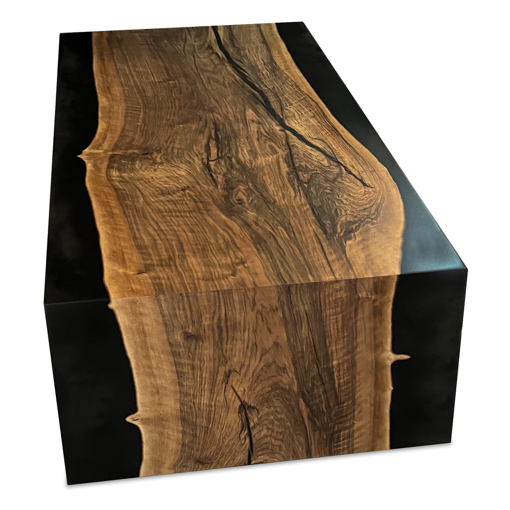 Black Monoblock Walnut Coffee Table with live-edge wood and black resin accents