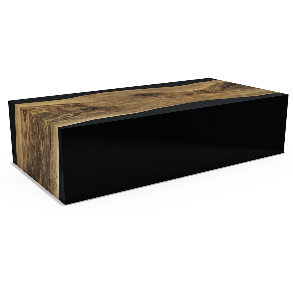 Black Monoblock Walnut Coffee Table with live-edge wood top in black resin frame