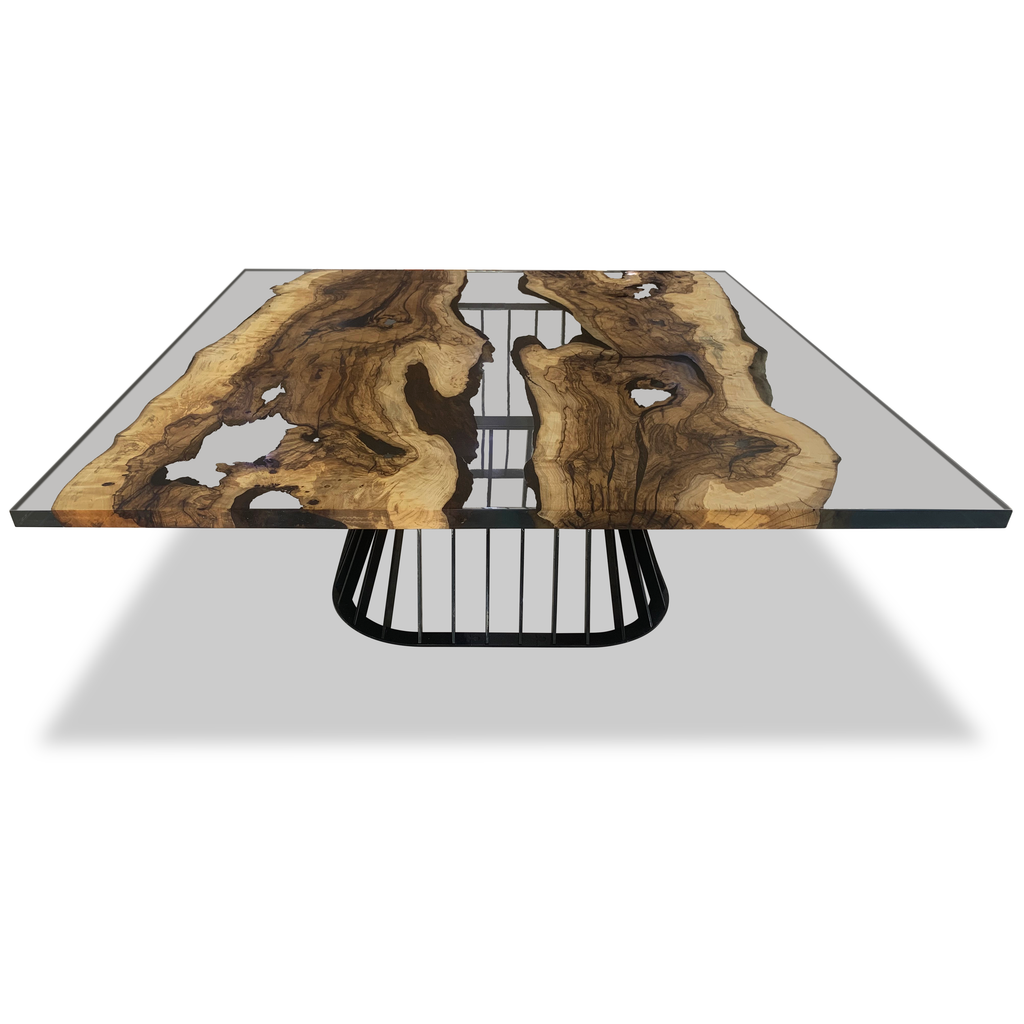 Amiata Walnut Wood Square Dining Table with epoxy resin and black metal base