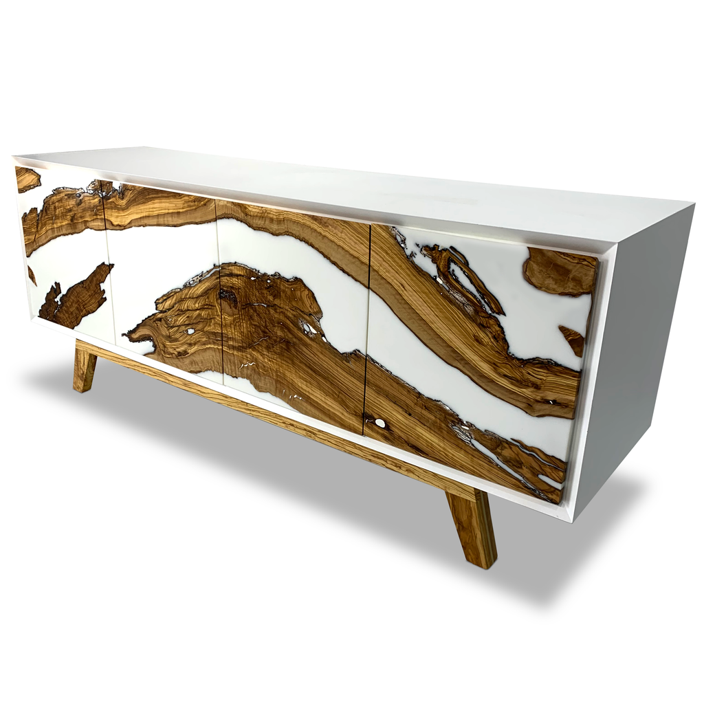 Lampetia Olive Wood Credenza with white top and sides, wavy wood and resin doors