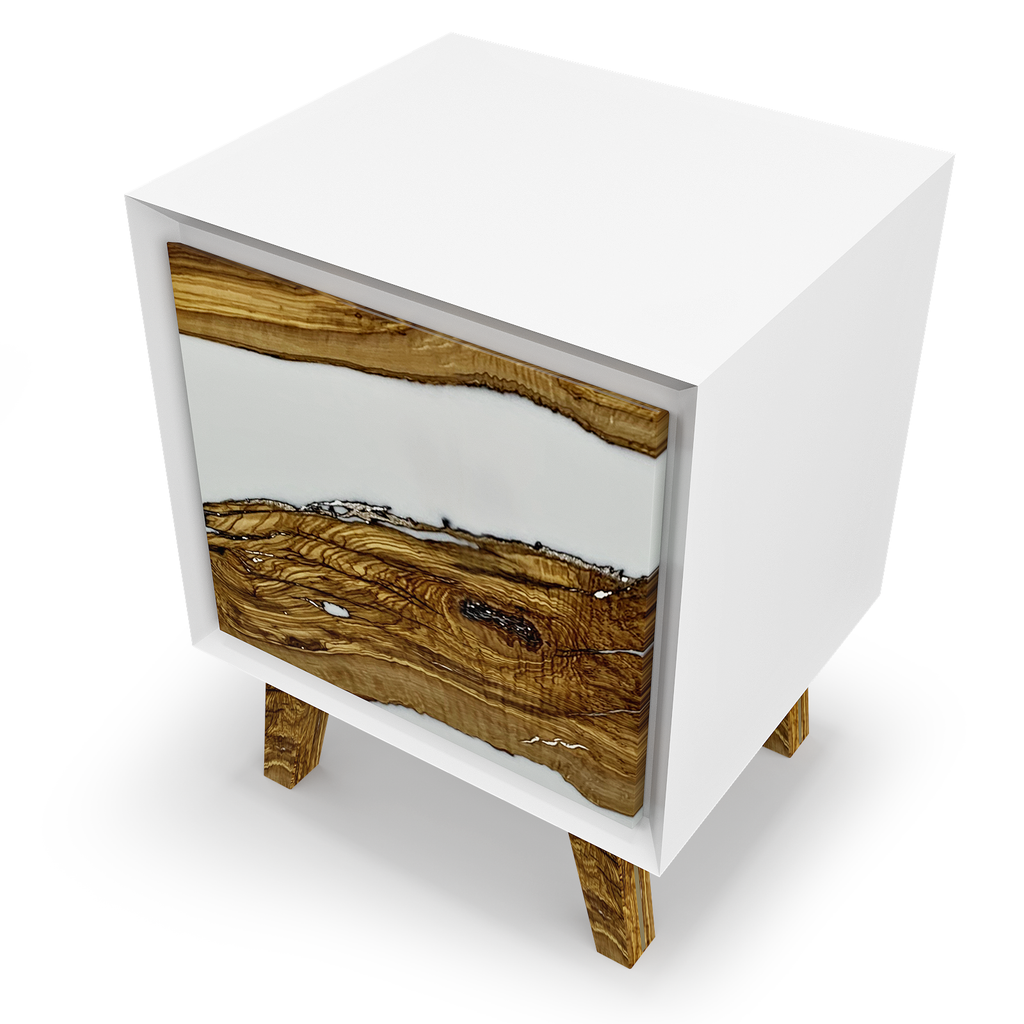 Lampetia Olive Wood Credenza Cabinet with white nightstand and live-edge wood drawer