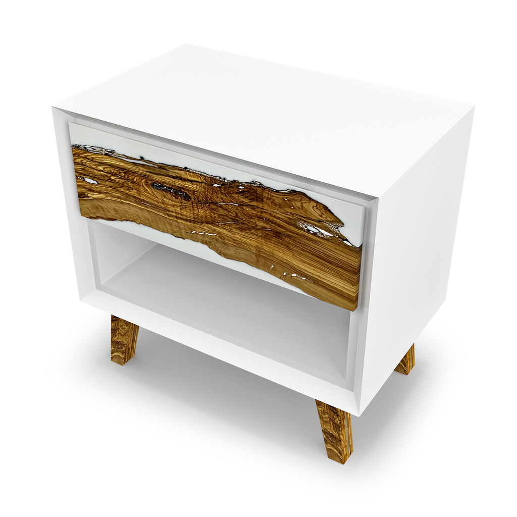 Lampetia Olive Wood white night stand with natural wood and clear resin drawer