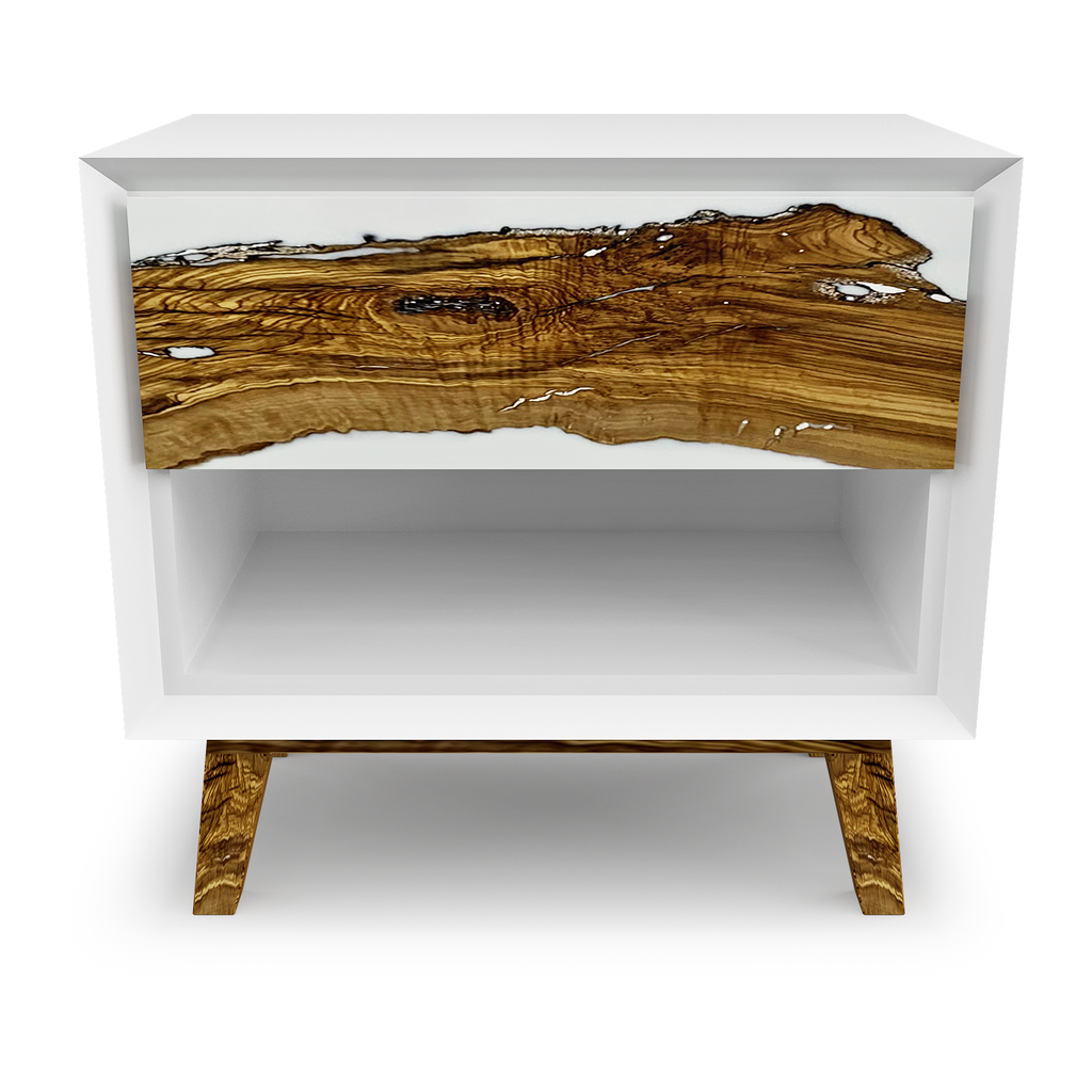 Lampetia Olive Wood white night stand with live edge wood and resin drawer