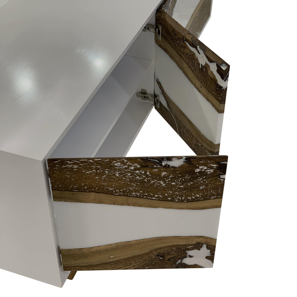 Lampetia Walnut Credenza with glossy body and unique walnut wood resin paneling