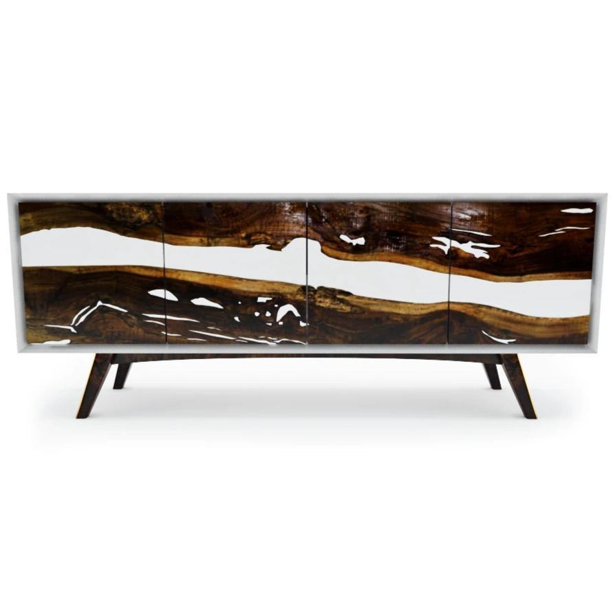 Lampetia Walnut Credenza with walnut wood and glossy body featuring a four-door wooden sideboard