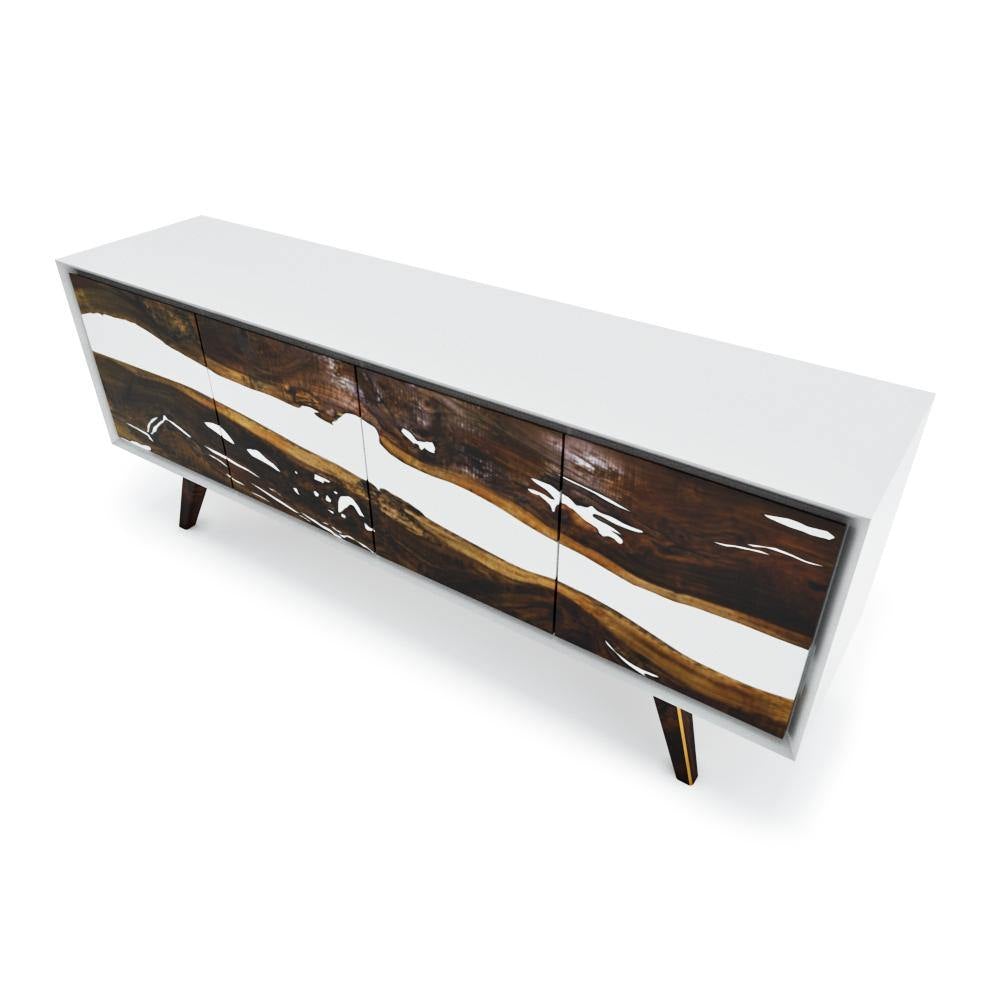 Lampetia Walnut Credenza with glossy walnut wood and white wavy resin inlay