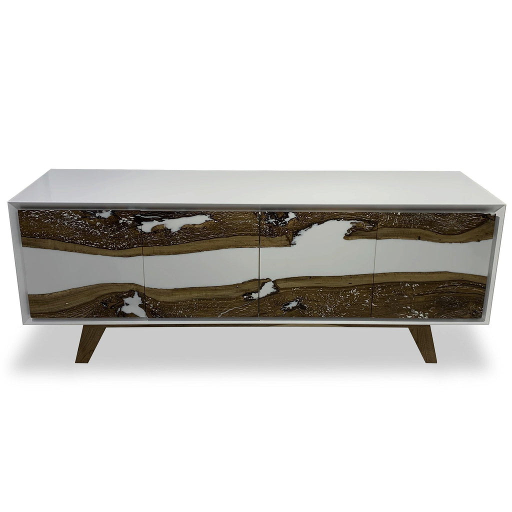 Lampetia Walnut Credenza with glossy white body and walnut wood panels