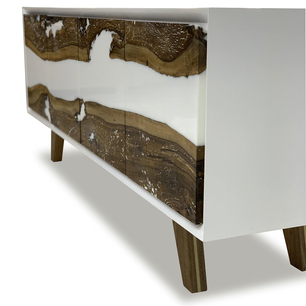 Lampetia Walnut Credenza with walnut wood and glossy body, modern resin and wood design