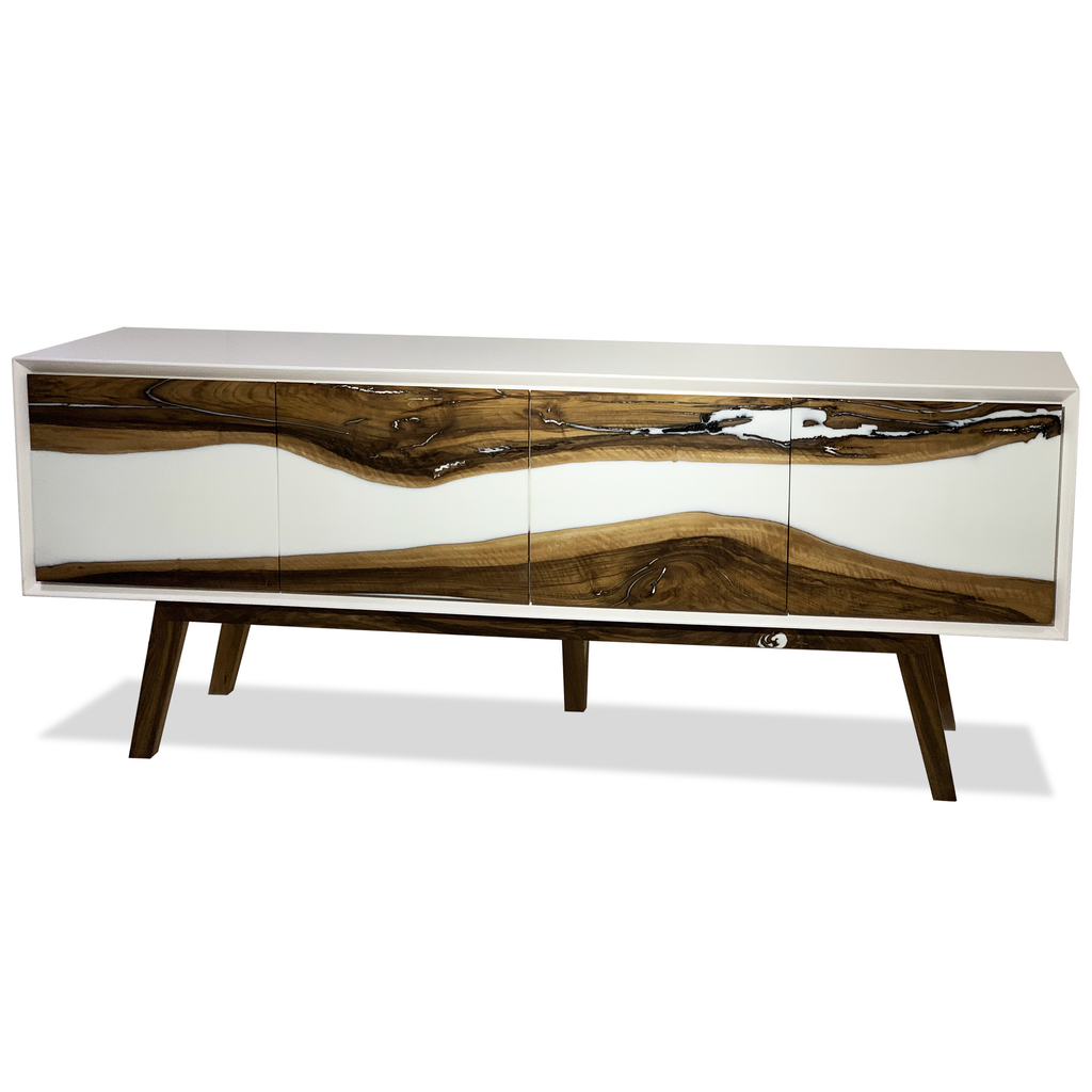 Lampetia Walnut Credenza with glossy white and wood finish and angled walnut wood legs