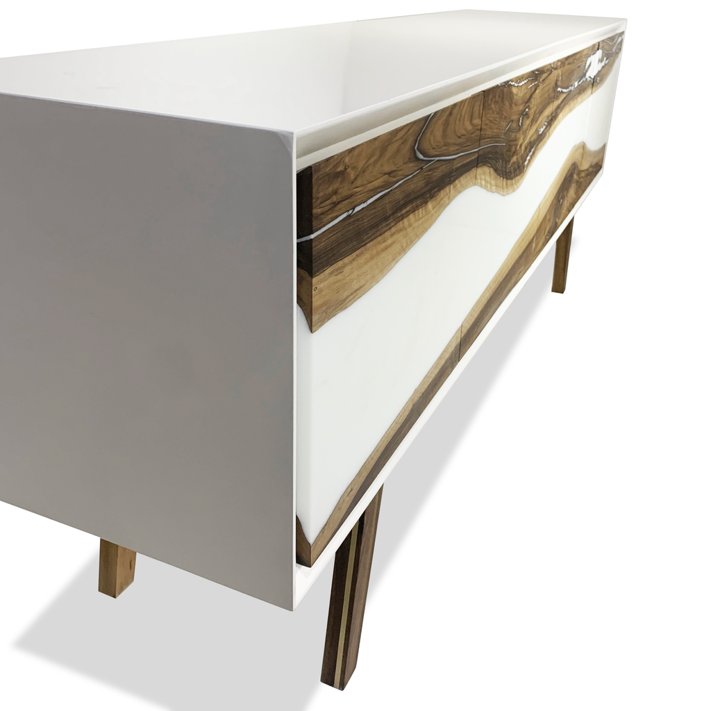Lampetia Walnut Credenza with glossy body and unique wood and resin river design