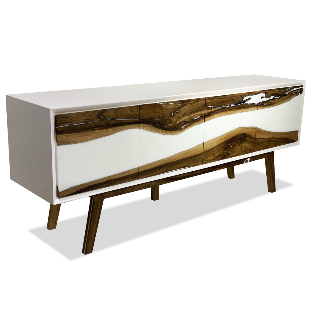 Lampetia Walnut Credenza with walnut wood finish and glossy body featuring four doors