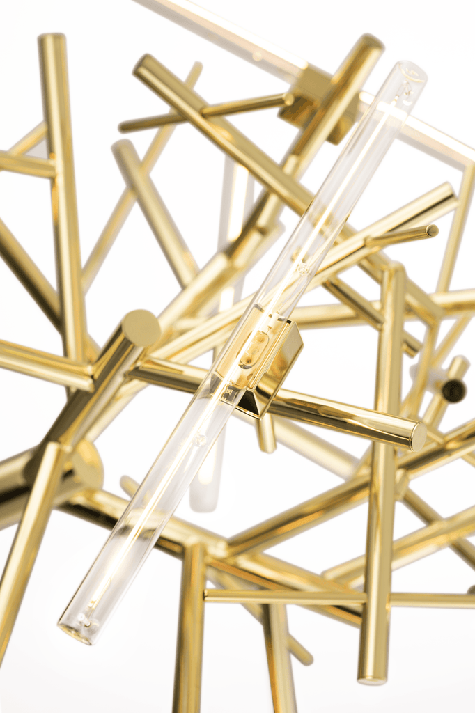 Linea Chandelier featuring a modern gold and clear glass Sputnik design for elegant lighting