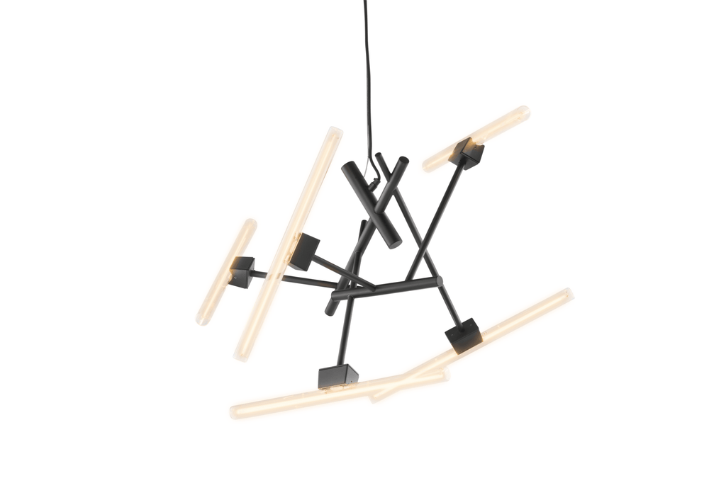 Contemporary black metal chandelier with illuminated light bars from Linea Element collection