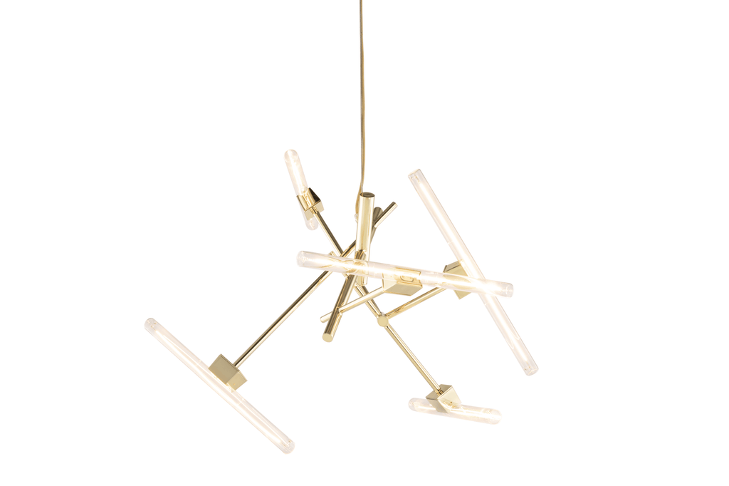 Linea Element gold-colored modern chandelier with illuminated cylindrical light tubes
