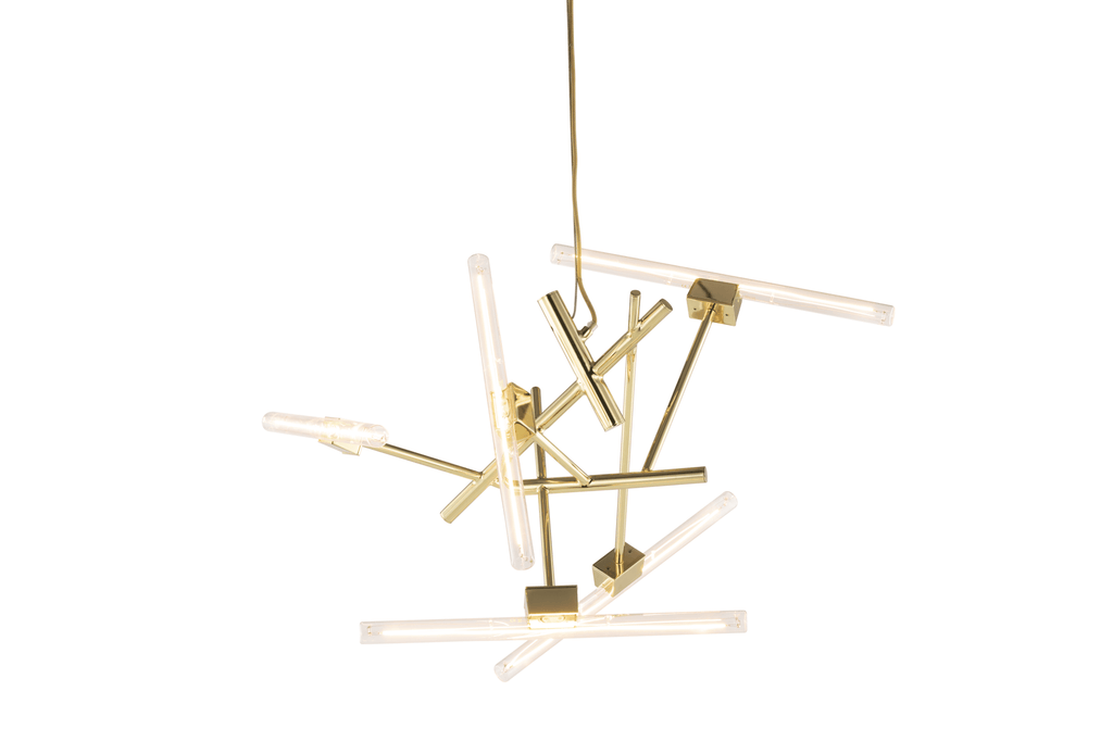 Modern brass and clear tube chandelier from Linea Element for elegant lighting design