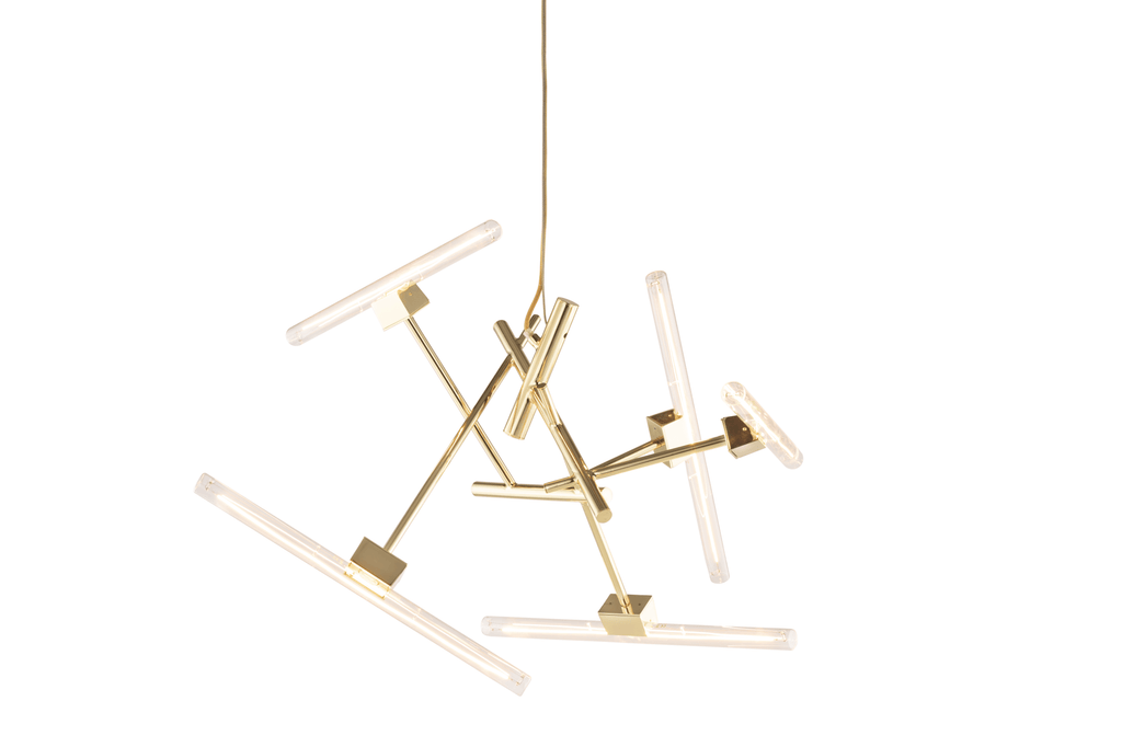 Modern gold-finished chandelier with clear acrylic light tubes from Linea Element collection