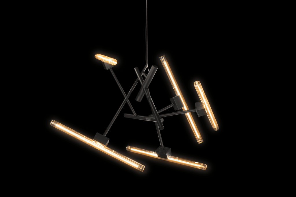 Linea Element modern black chandelier with exposed tubular light bulbs for stylish lighting
