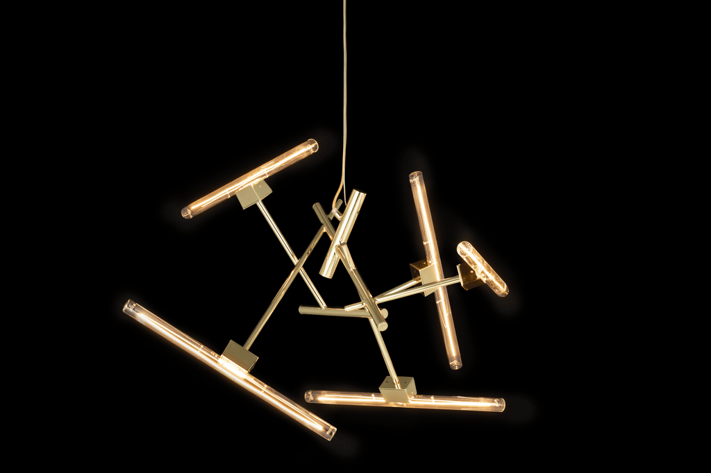 Linea Element modern brass-colored chandelier with multiple linear light bulbs for stylish lighting