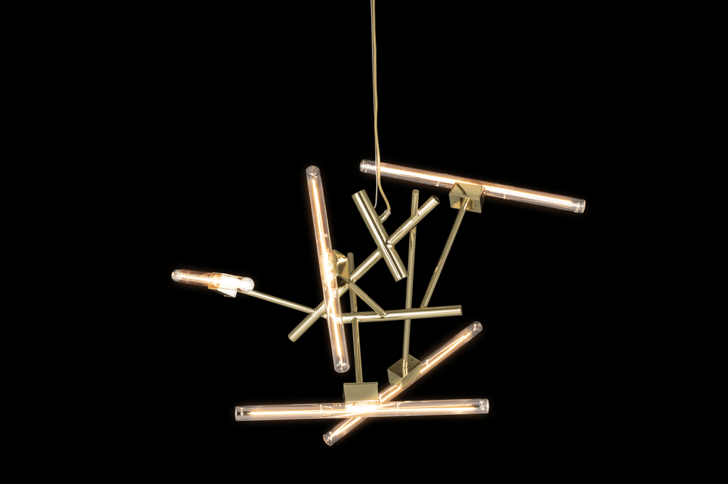 Linea Element modern gold chandelier with abstract geometric linear light tubes