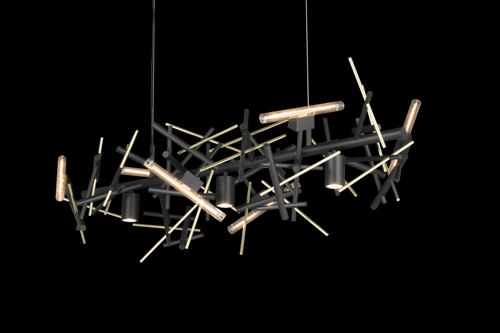 Modern black Linea Hanging Lamp with linear light tubes and scattered light-colored rods
