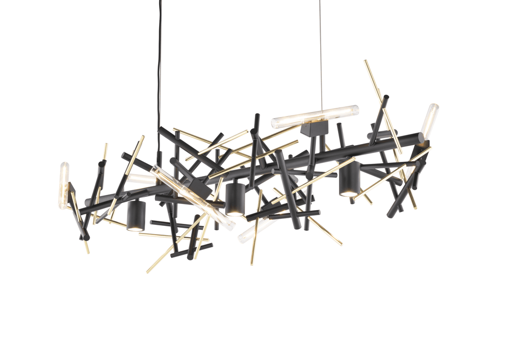 Modern black and gold Linea Hanging Lamp Long with multiple light sources and rod accents