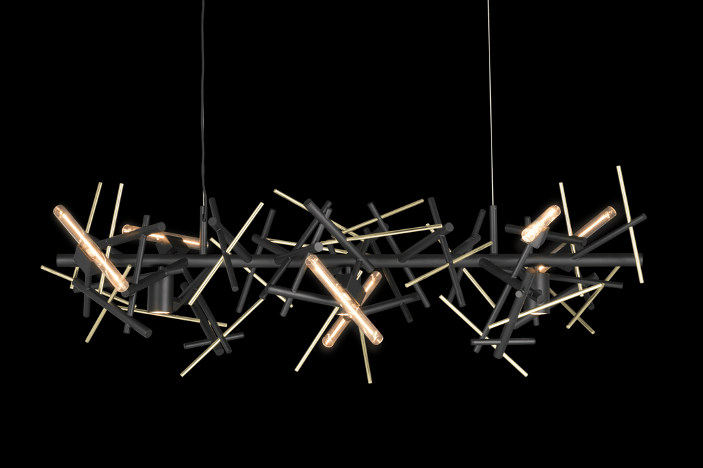 Linea Hanging Lamp Long featuring a modern black linear design with warm glowing bulbs
