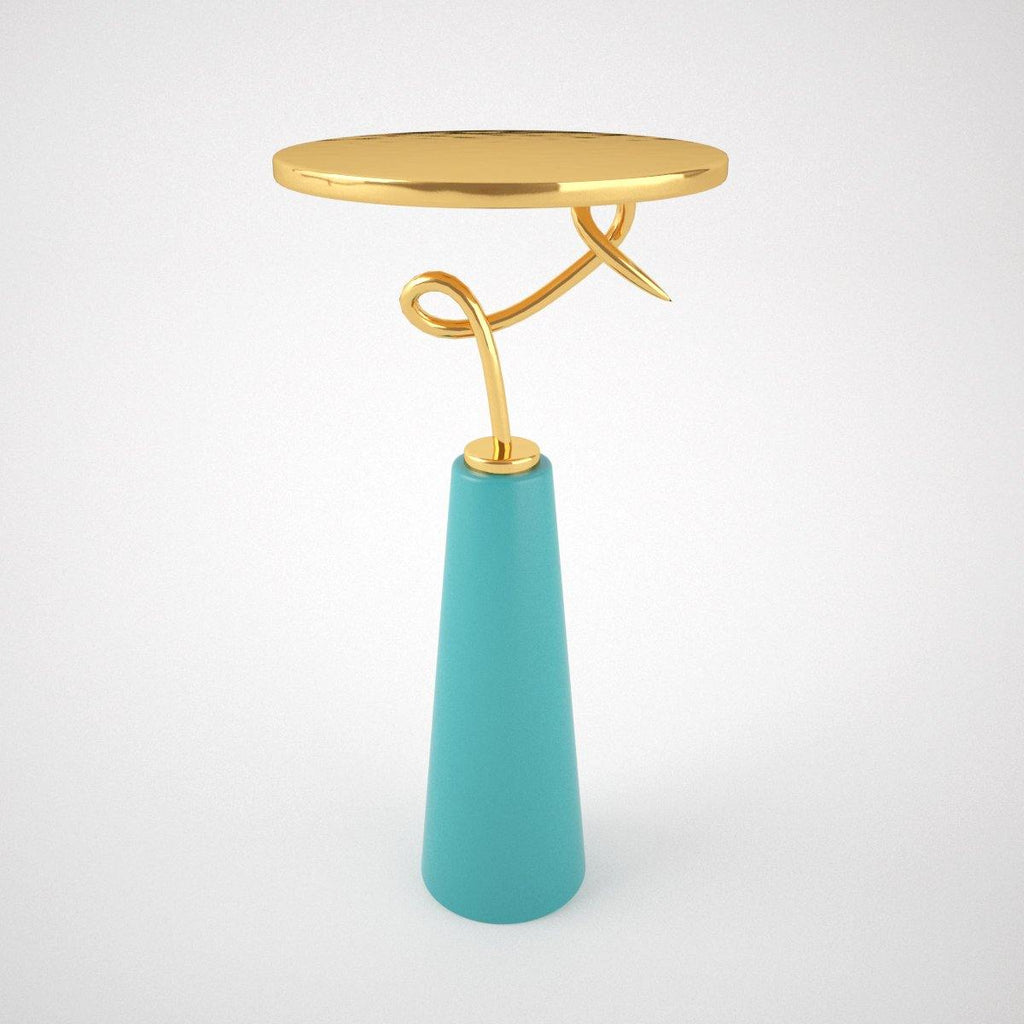 Modern Loop Side Table with gold top and teal conical base for stylish home decor