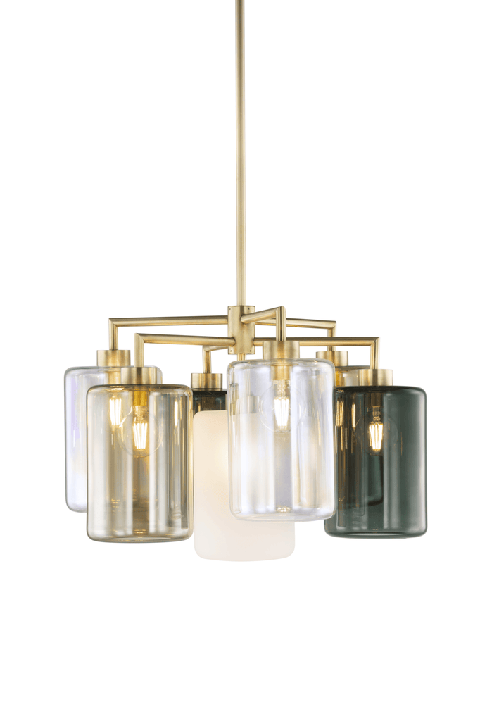 Louise Chandelier featuring multi-light brass design with colorful cylindrical glass shades