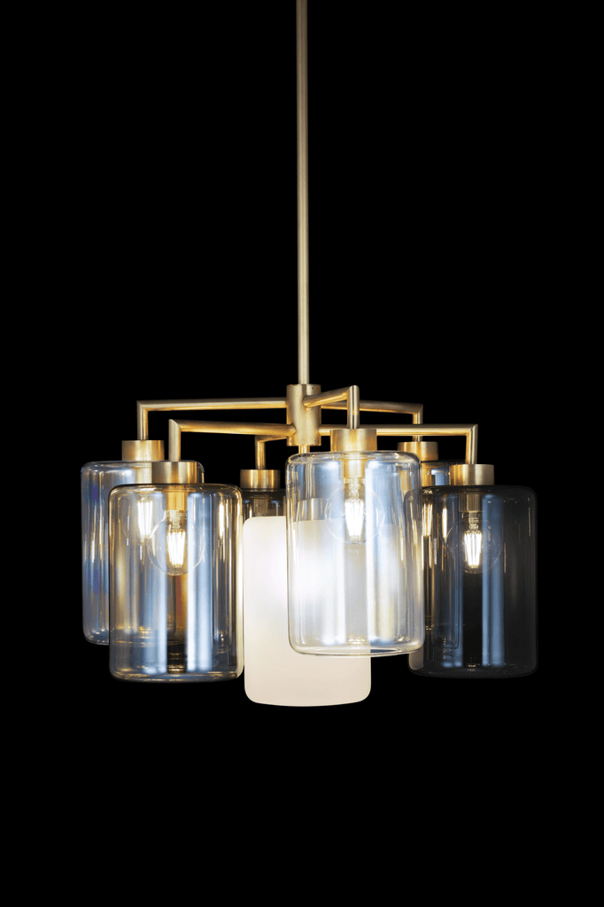Louise Chandelier with six lights, clear and frosted glass shades, gold-toned frame