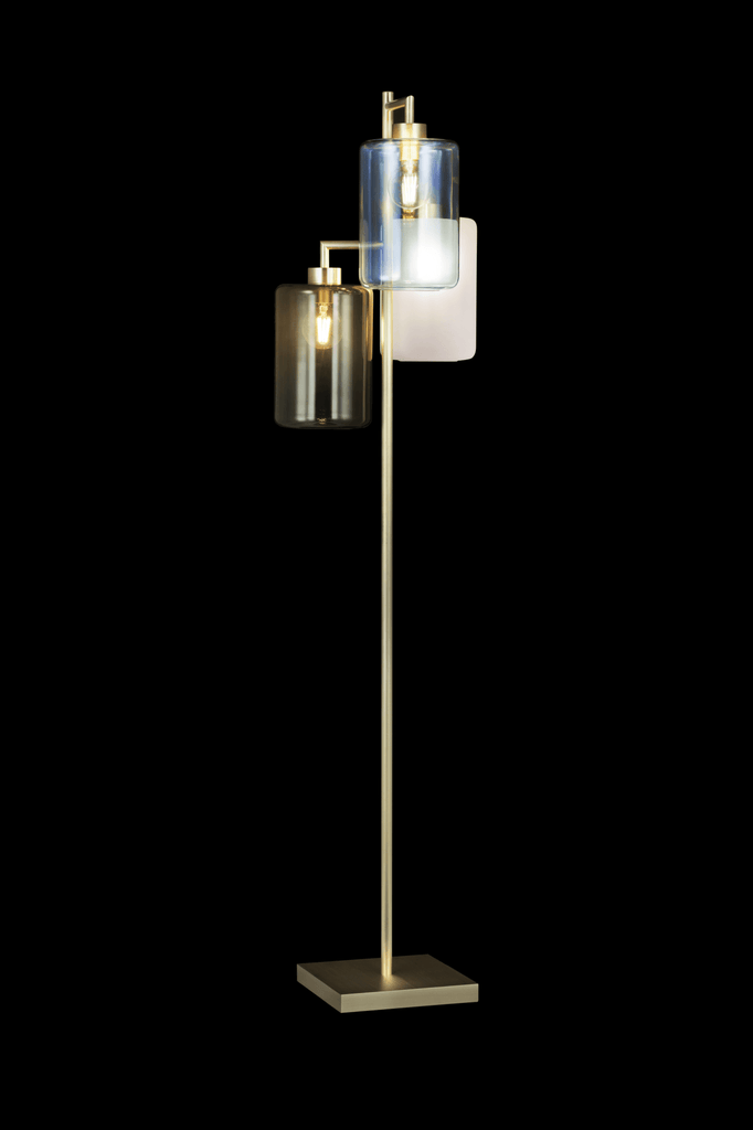 Louise Floor Lamp with square base, slender pole, and dual glass shades including smoky and clear bulbs
