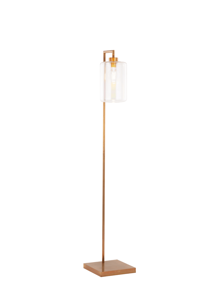 Louise Floor Lamp with copper finish, tall slender design, round glass shade, visible bulb