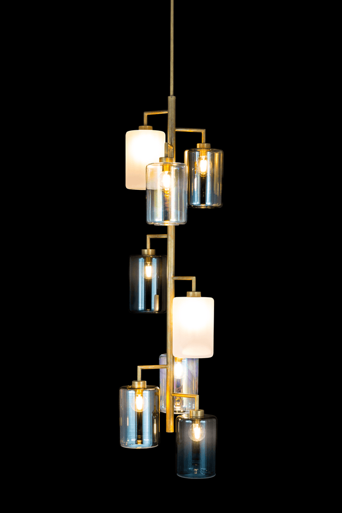 Louise Hanging Lamp featuring a multi-light pendant chandelier with clear and frosted glass shades on a brass frame