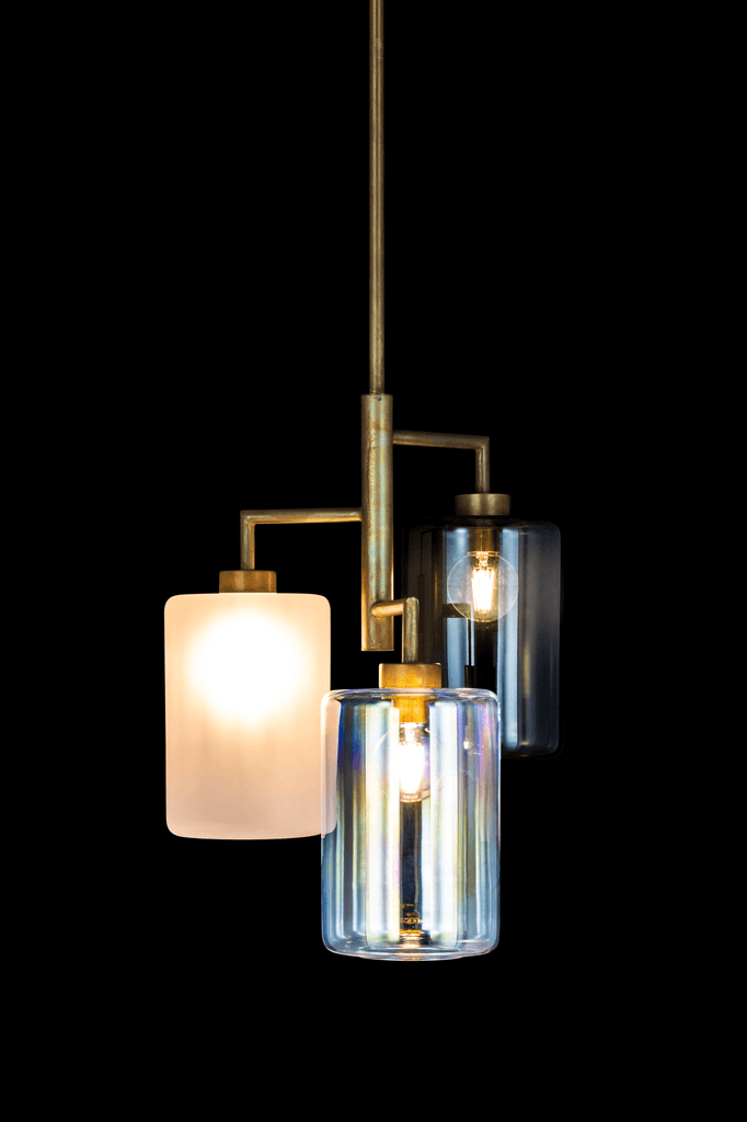 Louise Hanging Lamp with modern three-light chandelier and frosted, iridescent, smoked glass shades