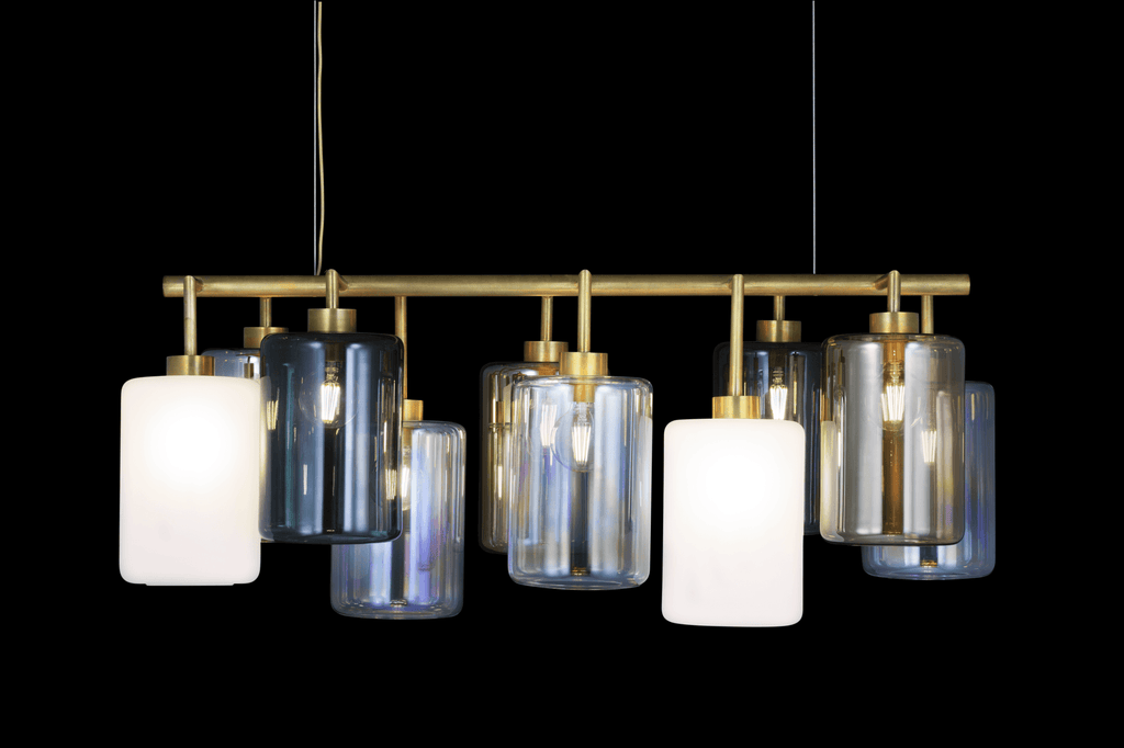 Louise Hanging Lamp Long with horizontal gold ceiling fixture and hanging glass shades