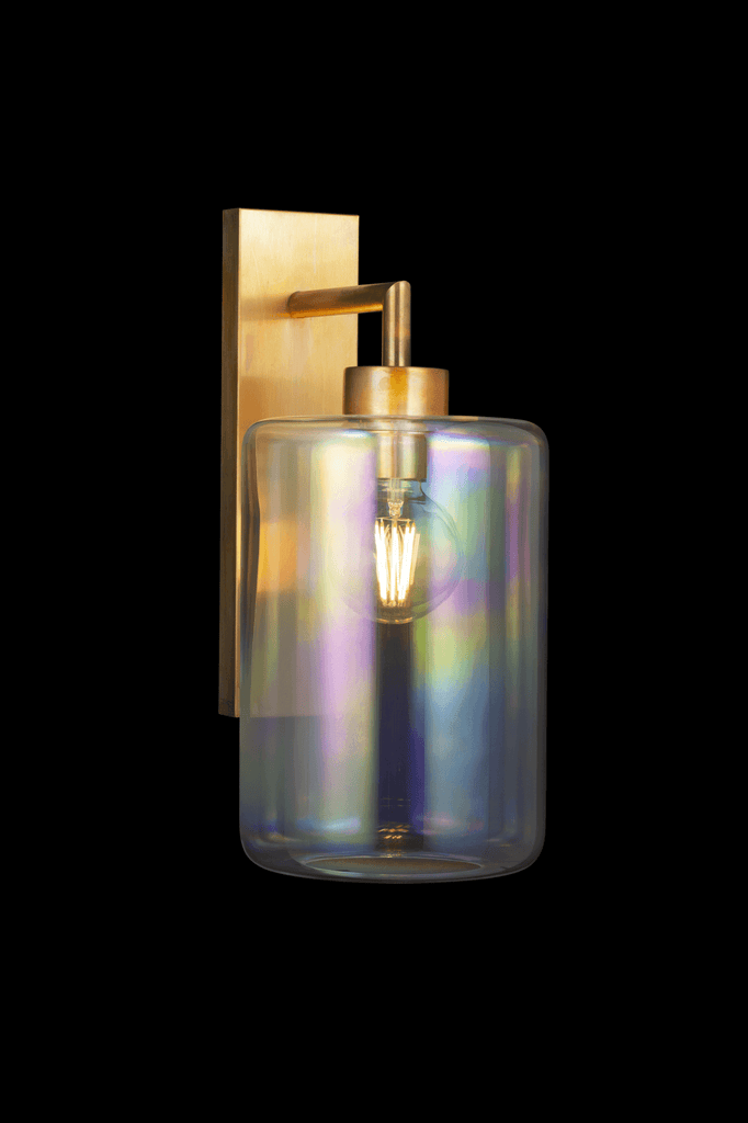 Louise Wall Lamp featuring a brass backplate, straight arm, and iridescent glass shade