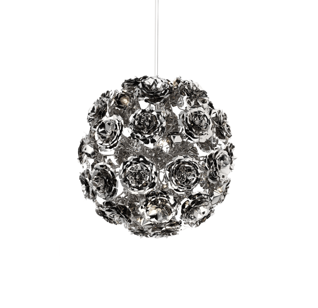 Love You Love You Not Hanging Lamp featuring a spherical metal chandelier with rose accents