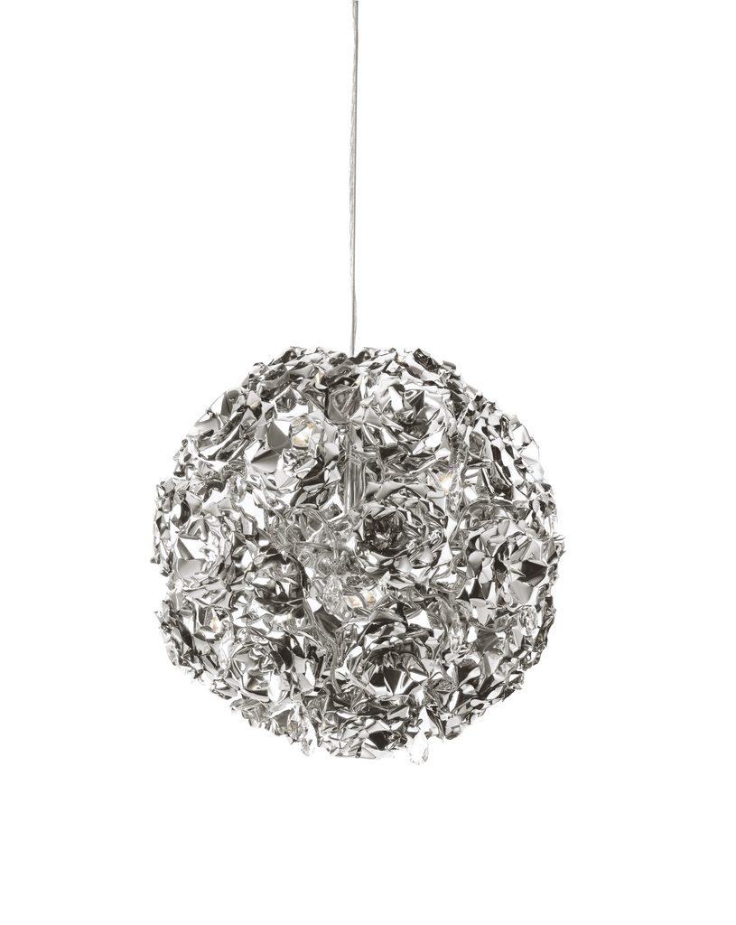 Silver spherical hanging lamp with textured crumpled foil surface for modern decor